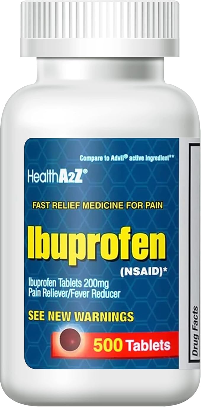 HealthA2Z Ibuprofen 200mg Tablets, 500 Count – Pain Reliever and Fever Reducer for Headache, Back Pain, Arthritis, Cramps, Body Aches