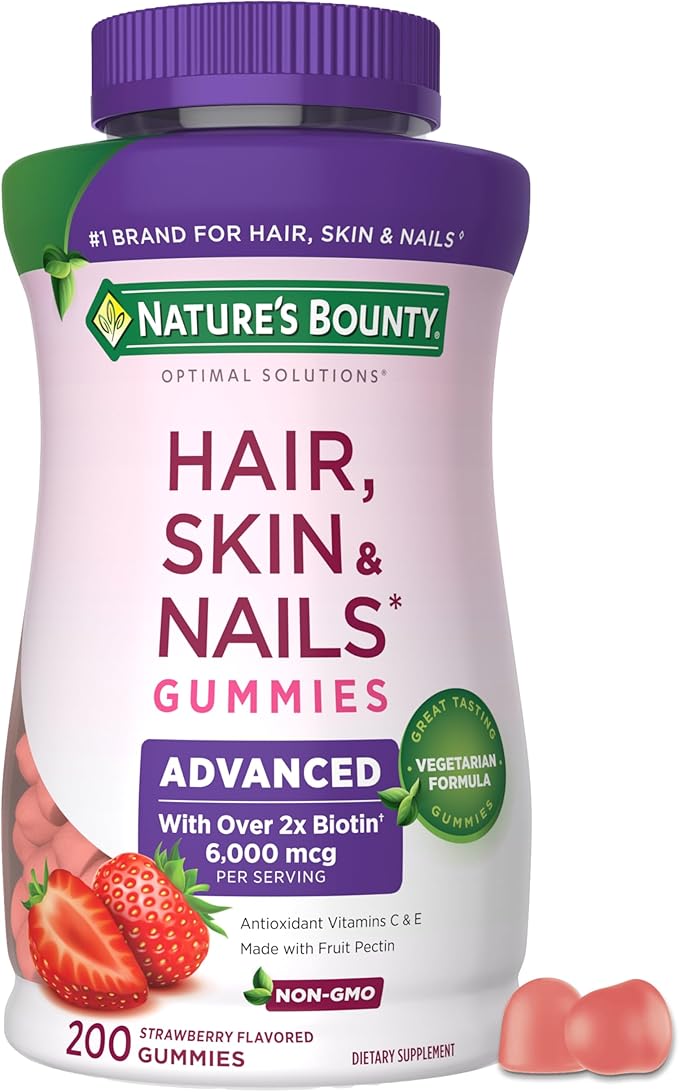 Nature’s Bounty Hair, Skin & Nails Gummies – 6000 mcg Biotin, Strawberry Flavor – Non-Stick Vegetarian, Gluten-Free, Non-GMO – 200 Gummies (100 Servings)