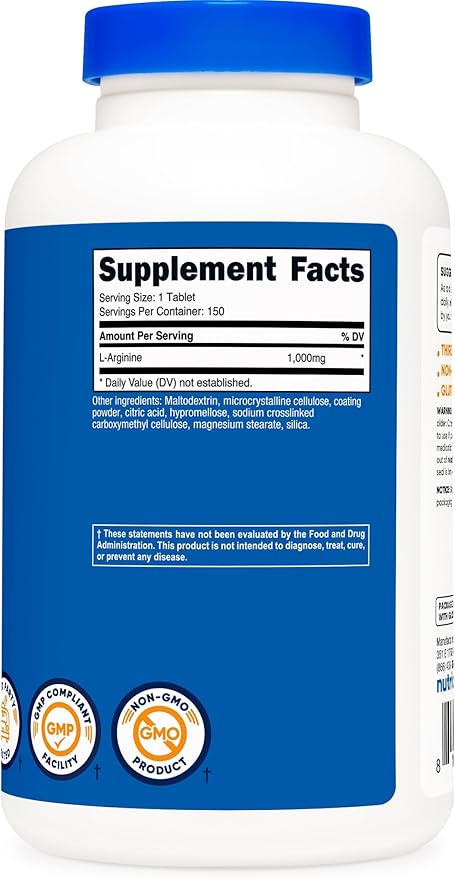 Nutricost L-Arginine 1000mg – Double Strength Amino Acid Supplement – Nitric Oxide Booster, Blood Flow & Endurance – Non-GMO, Gluten-Free – 150 Tablets