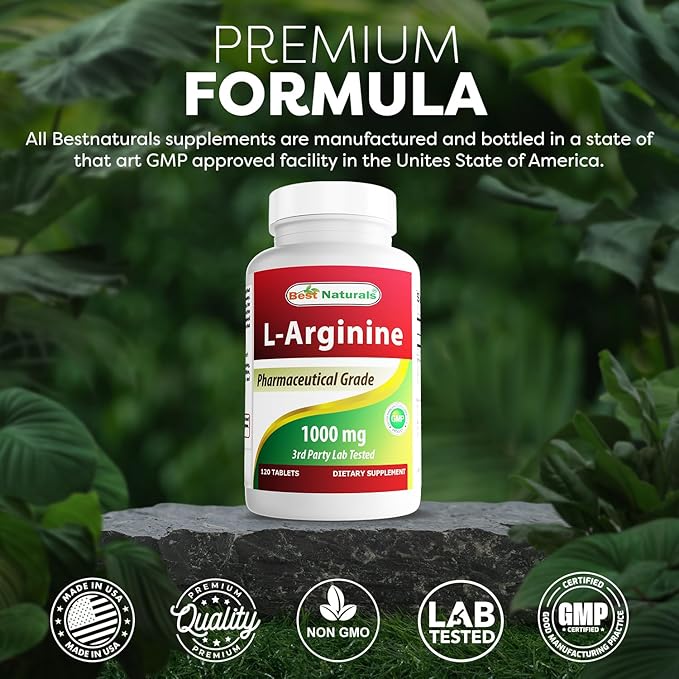 Best Naturals L-Arginine 1000mg – Pharmaceutical Grade Nitric Oxide Booster – Non-GMO, Gluten-Free – 120 Tablets
