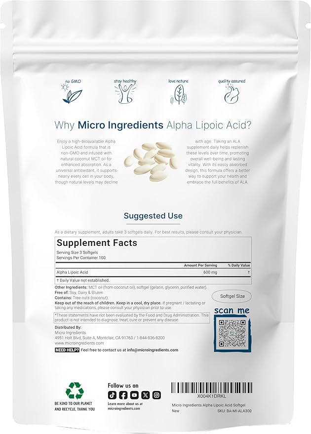 Micro Ingredients Alpha Lipoic Acid 600mg with MCT Oil – Heart, Liver & Energy Support – Antioxidant, Non-GMO, Gluten-Free, Soy-Free – 300 Softgels (10-Month Supply)
