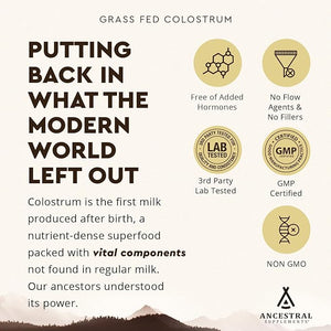 Ancestral Supplements Grass-Fed Beef Colostrum – 3000mg First-Milking Immune & Gut Support – Non-GMO, Hormone-Free – 180 Capsules
