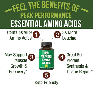All 9 Essential Amino Acids Supplement – Capsules with 3X More Leucine, USA Tested, Muscle Recovery & Growth Support