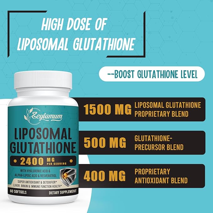 Liposomal Glutathione 2400mg – Max Absorption Antioxidant with Hyaluronic Acid & Resveratrol – Immune, Brain & Detox Support – Non-GMO, Gluten-Free – 60 Softgels