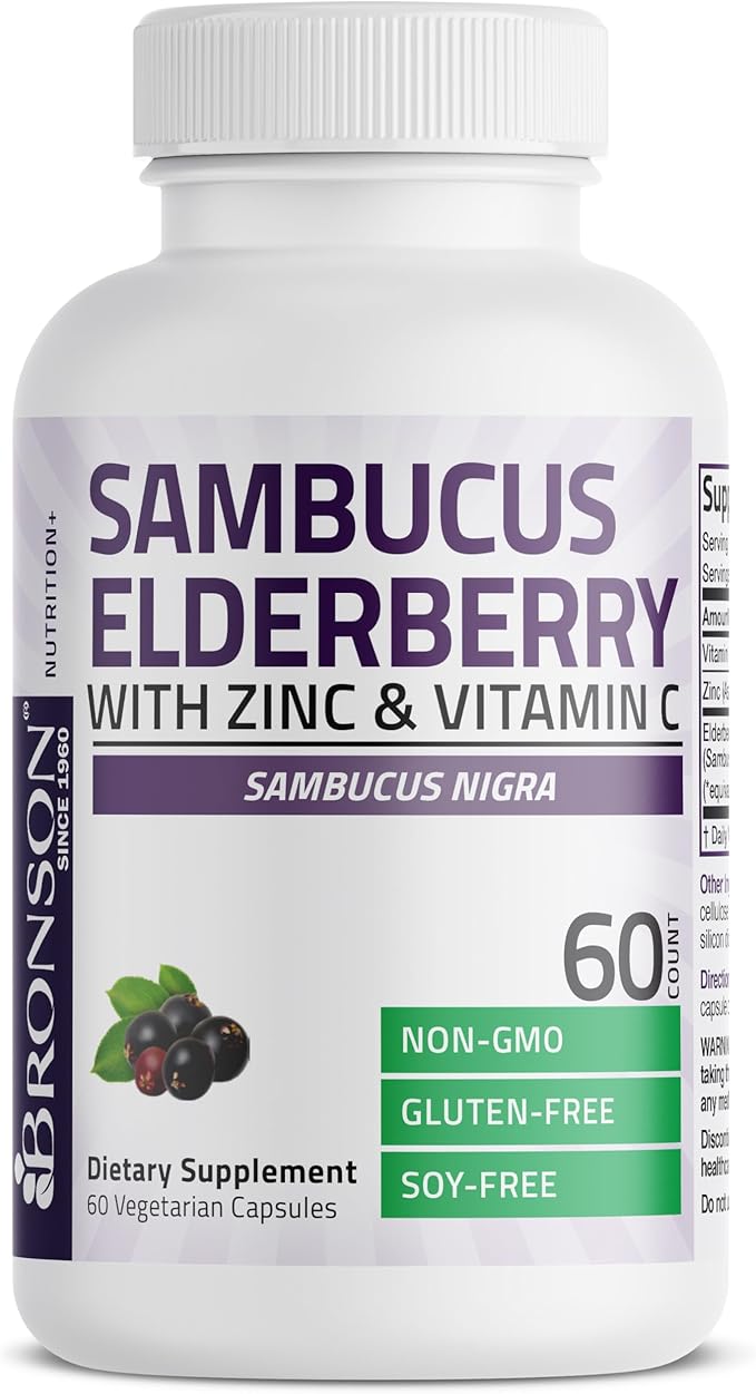 Bronson Sambucus Elderberry with Zinc & Vitamin C – Triple Immune Support & Antioxidant Protection – Non-GMO, Gluten-Free – 60 Vegetarian Capsules