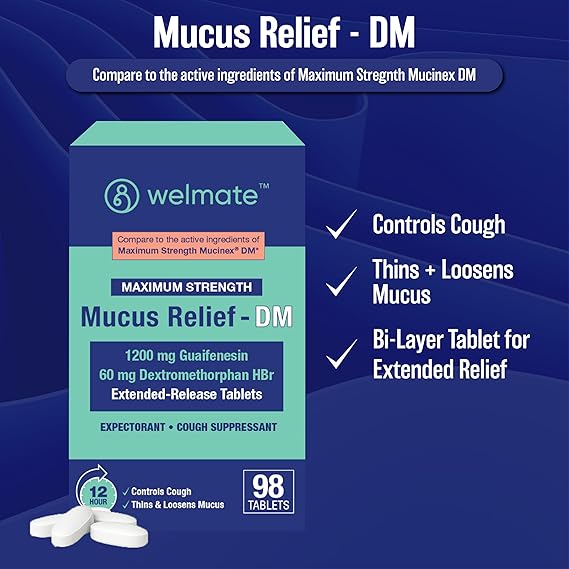WELMATE Mucus Relief DM, 98 Tablets – 12-Hour Cough Suppressant & Expectorant with Guaifenesin & Dextromethorphan