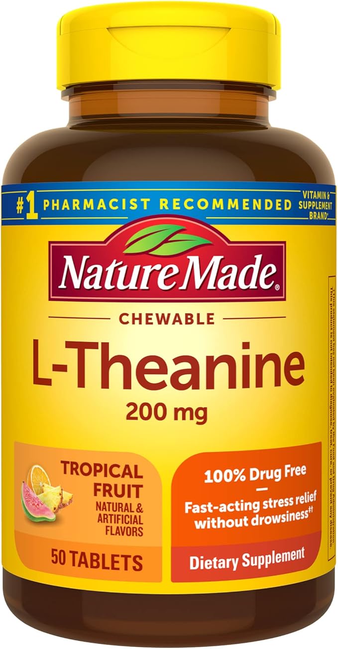 Nature Made L-Theanine 200mg Chewable Tablets – Fast-Acting Stress Relief – Tropical Fruit Flavor – Non-GMO, Gluten-Free – 50 Count