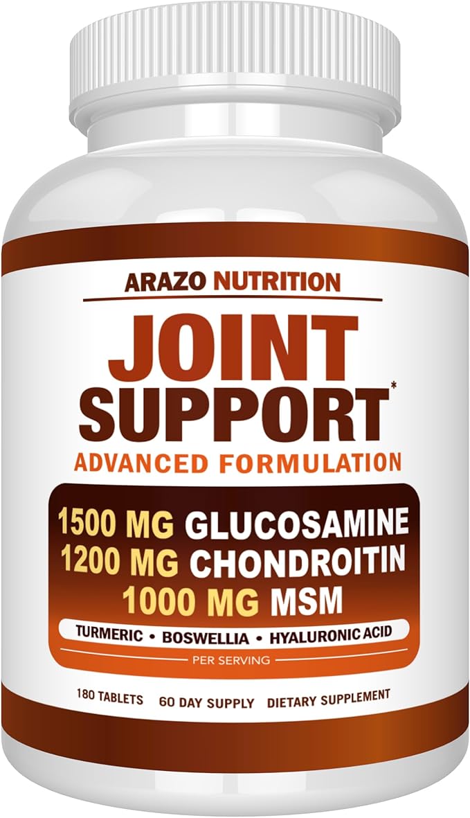 Arazo Nutrition Glucosamine Chondroitin with Turmeric, MSM, Boswellia & Hyaluronic Acid – Extra Strength Joint Support – Non-GMO, Gluten-Free – 180 Tablets
