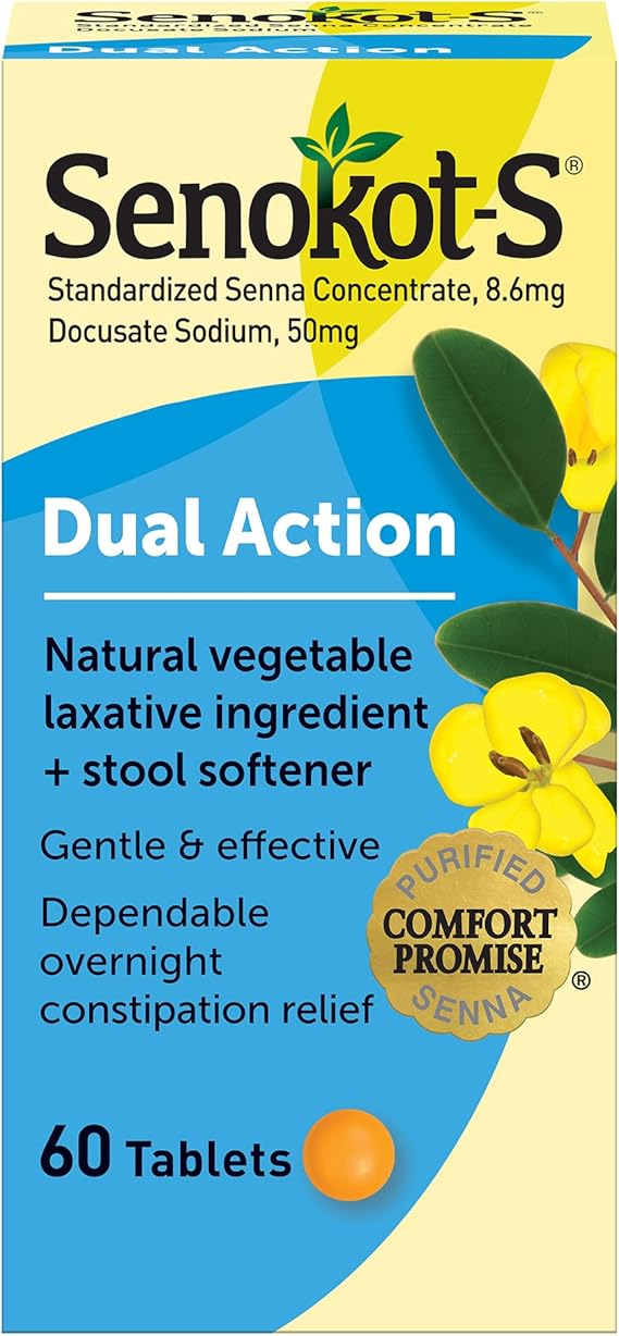 Senokot-S Dual Action Laxative & Stool Softener – 60 Tablets – Gentle, Natural Overnight Constipation Relief