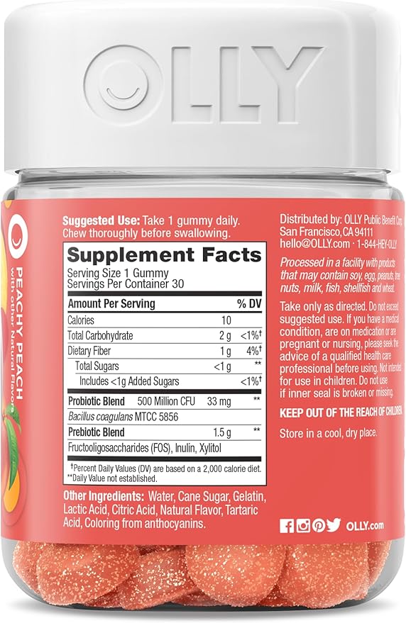 OLLY Probiotic + Prebiotic Gummies – Digestive & Gut Health – 500 Million CFUs + Fiber – Peach Flavor – 30 Gummies – Gluten-Free