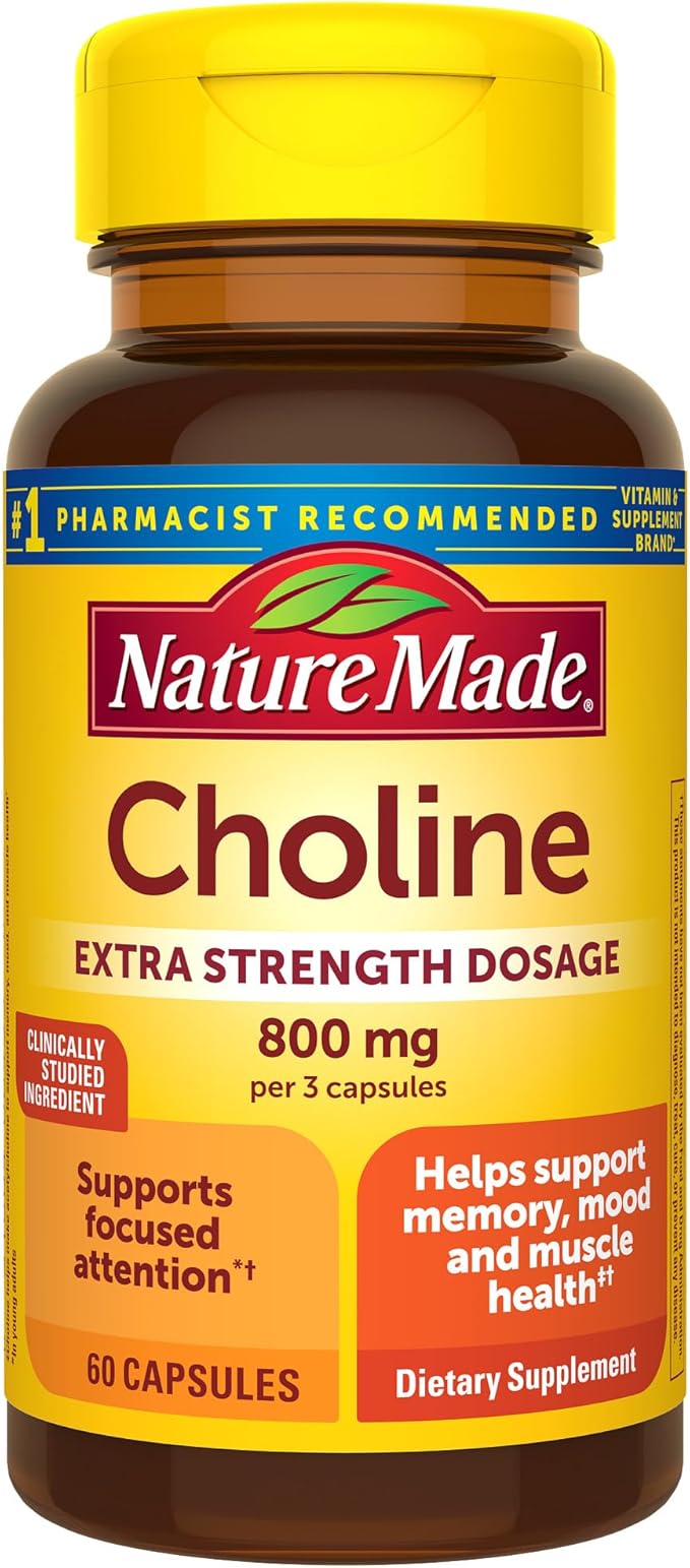 Nature Made Extra Strength Choline 800mg – Brain, Mood, Muscle & Liver Support – Vegetarian – 60 Capsules