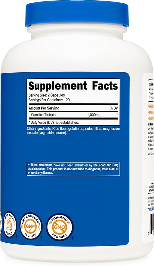Nutricost L-Carnitine Tartrate 1000mg – Fat Metabolism & Energy Support – Non-GMO, Gluten-Free – 240 Capsules (120 Servings)