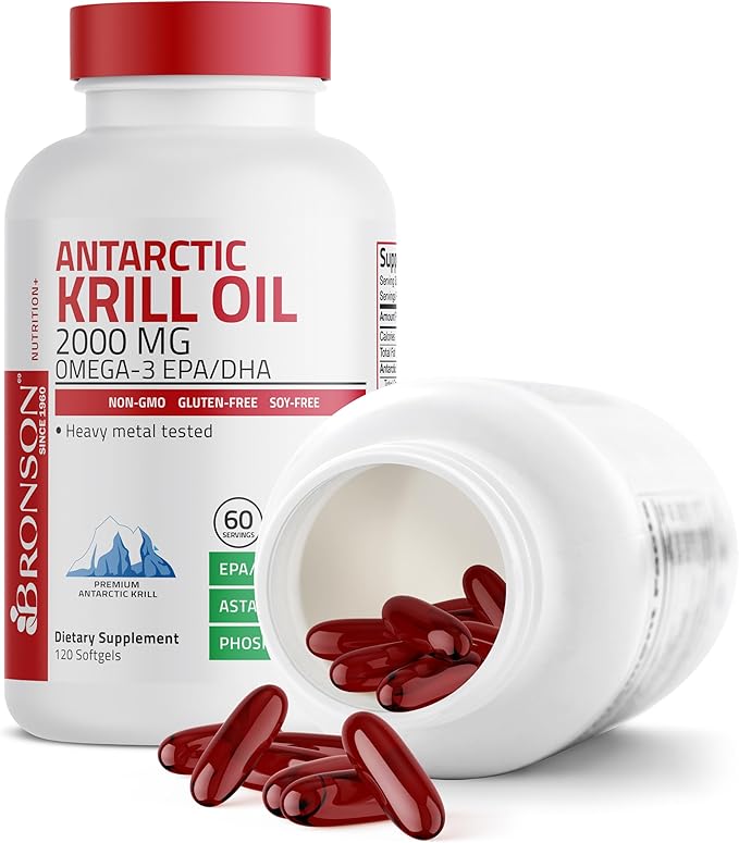 Bronson Antarctic Krill Oil 2000mg – Omega-3s EPA, DHA, Astaxanthin & Phospholipids – Heart, Joint & Brain Support – Non-GMO, Gluten-Free – 120 Softgels