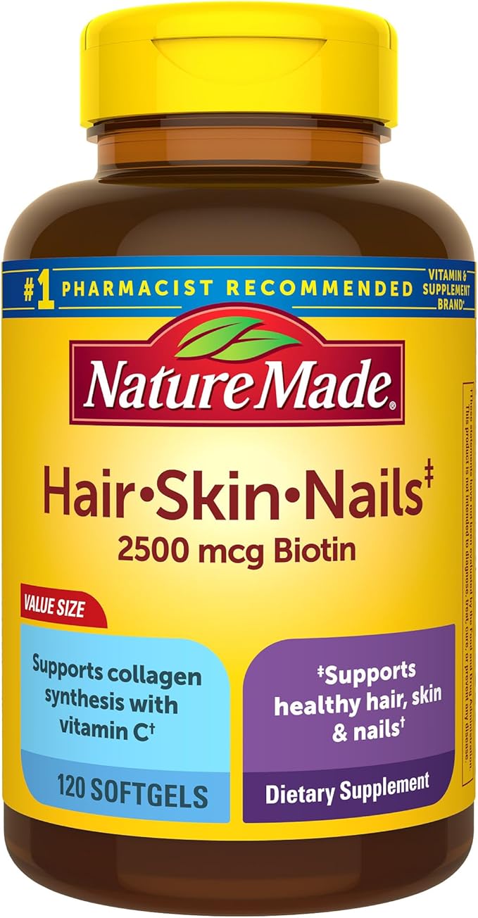 Nature Made Hair, Skin & Nails – 2500 mcg Biotin, Nail Strength & Hair Growth – 120 Softgels, Gluten-Free, USP Verified
