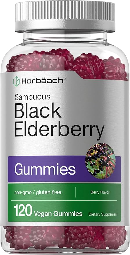 Horbaach Black Elderberry Gummies – Sambucus Extract with Zinc & Vitamin C – Immune Support – Berry Flavor – Vegan, Non-GMO, Gluten-Free – 120 Gummies