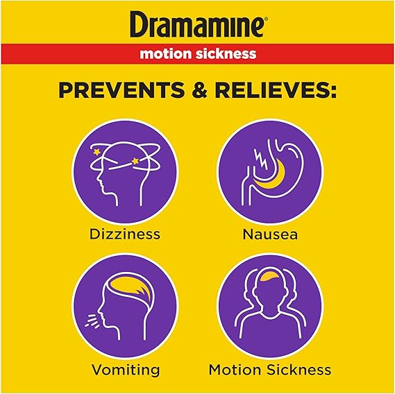 Dramamine All Day Less Drowsy Motion Sickness Relief – 8 Count Travel Tablets – Long-Lasting Nausea, Dizziness & Vomiting Prevention for Car, Plane, Boat & Cruise Travel