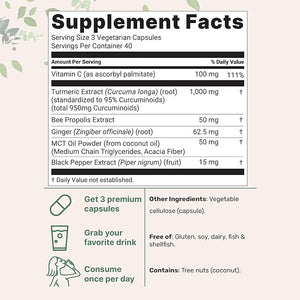 Turmeric Curcumin 1000mg with 95% Curcuminoids – 6-in-1 Formula: Bee Propolis, MCT Oil, Vitamin C, Ginger & Black Pepper – Joint, Immune & Antioxidant Support – Vegan, Non-GMO, Filler-Free – 120 Capsules