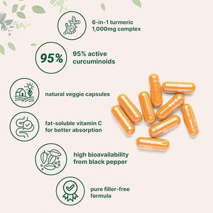 Turmeric Curcumin 1000mg with 95% Curcuminoids – 6-in-1 Formula: Bee Propolis, MCT Oil, Vitamin C, Ginger & Black Pepper – Joint, Immune & Antioxidant Support – Vegan, Non-GMO, Filler-Free – 120 Capsules
