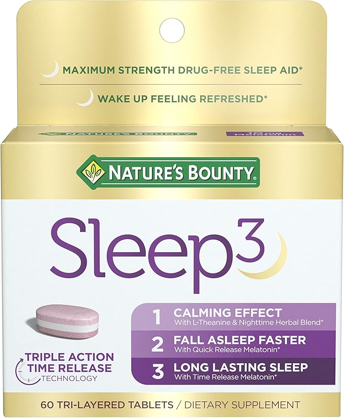 Nature’s Bounty Sleep3 – 10mg Melatonin, L-Theanine & Herbal Blend | Maximum Strength Time-Release Sleep Aid – 60 Tri-Layer Tablets