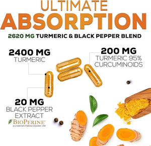 Turmeric Curcumin 2600mg with 95% Curcuminoids & BioPerine – High Absorption Joint Support – Vegan, Non-GMO, Gluten-Free – 240 Capsules