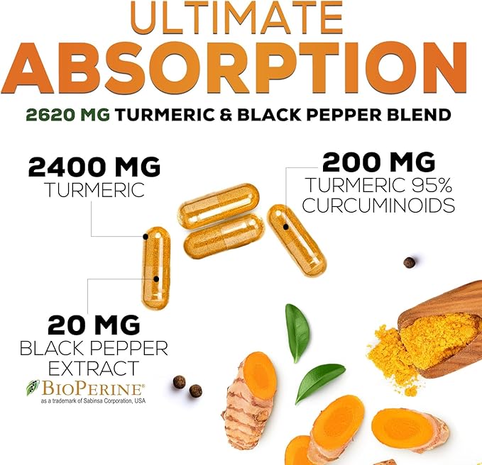 Turmeric Curcumin 2600mg with 95% Curcuminoids & BioPerine – High Absorption Joint Support – Vegan, Non-GMO, Gluten-Free – 240 Capsules