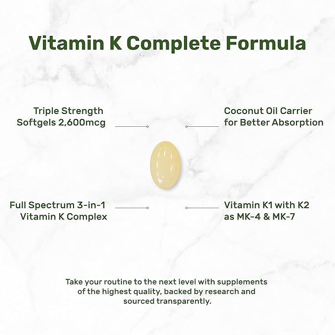DEAL SUPPLEMENT Vitamin K Complete – K1, K2 MK-7 & MK-4 – Bone, Joint & Heart Support – 240 Coconut Oil Softgels – Non-GMO