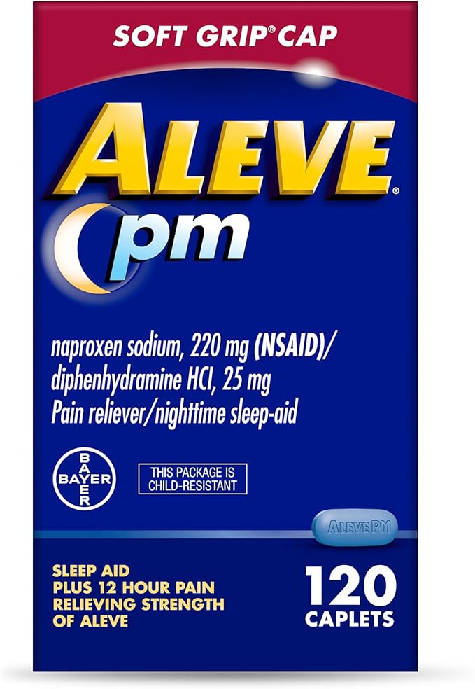 Aleve PM Pain Reliever and Nighttime Sleep Aid Caplets – Naproxen Sodium & Diphenhydramine HCl for Aches and Sleeplessness, 120 Count