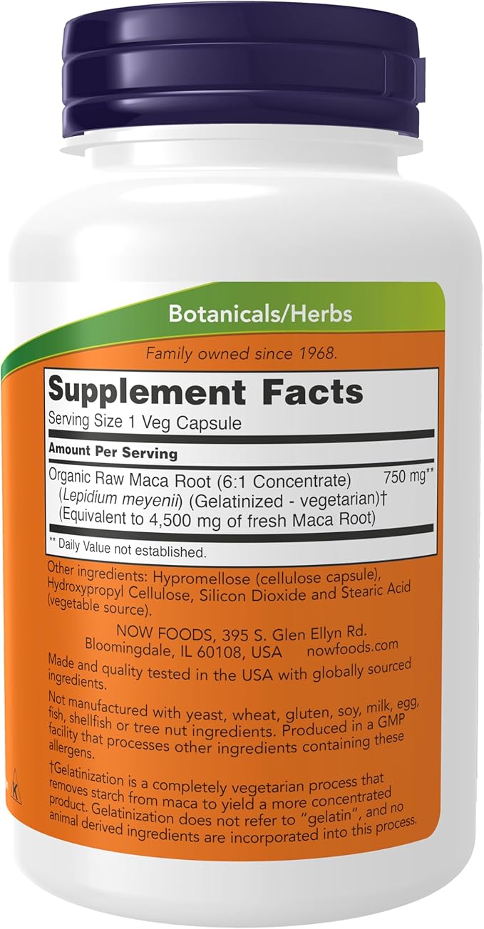 NOW Foods Maca 750mg – Raw Gelatinized, Non-GMO, Vegan – Reproductive Health, Energy & Mood Support – 90 Veg Capsules