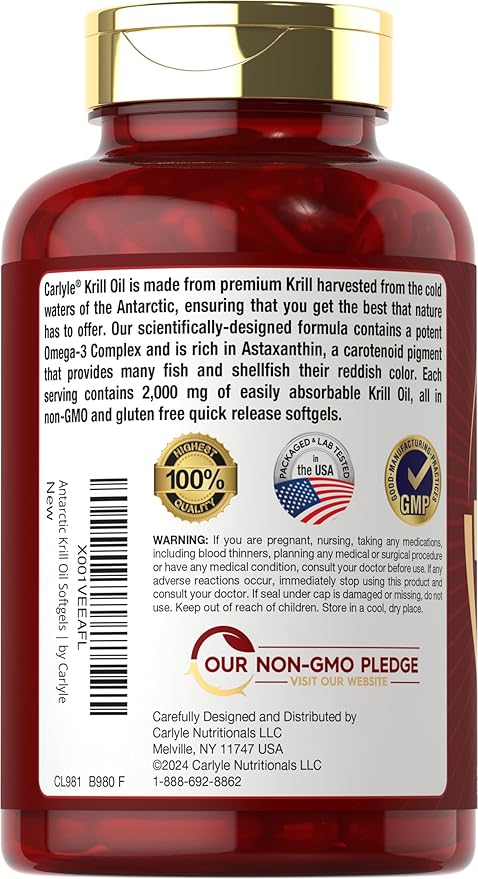 Carlyle Antarctic Krill Oil 2000mg – Omega-3 EPA, DHA & Astaxanthin – Heart, Joint & Brain Support – Non-GMO, Gluten-Free – 120 Softgels