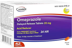 Camber Omeprazole 20mg Tablets (42 Count | 3 x 14-Day Courses) – Delayed-Release Acid Reducer for Frequent Heartburn & Acid Reflux Relief – 24-Hour Daily Antacid Treatment