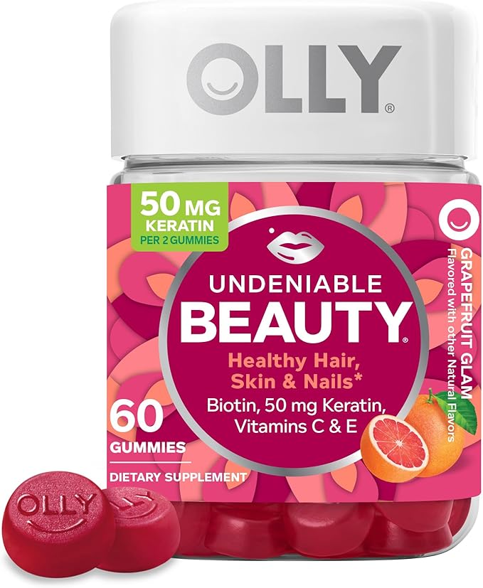 OLLY Undeniable Beauty Gummies – Biotin, Vitamin C & Keratin for Hair, Skin & Nails – Grapefruit Flavor – 60 Gummies – Gluten-Free, No Synthetic Colors