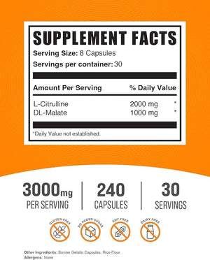 BulkSupplements.com L-Citrulline Malate Capsules – 2:1 Ratio, 3000mg Per Serving, Gluten-Free, 240 Capsules