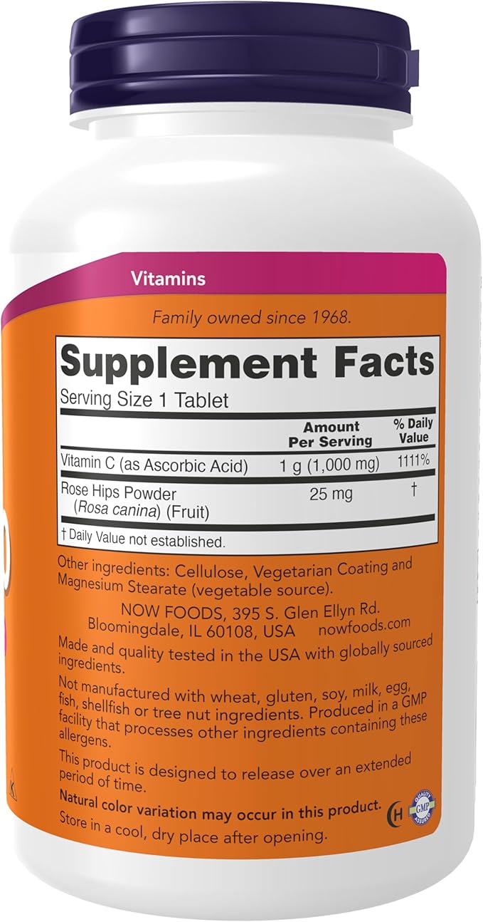 NOW Vitamin C-1,000 with Rose Hips – Sustained Release, Immune & Antioxidant Support – 250 Tablets