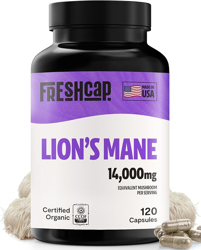 FreshCap Lion’s Mane 14,000mg – High Potency 14:1 Organic Brain & Immune Support – 120 Capsules – Made in USA