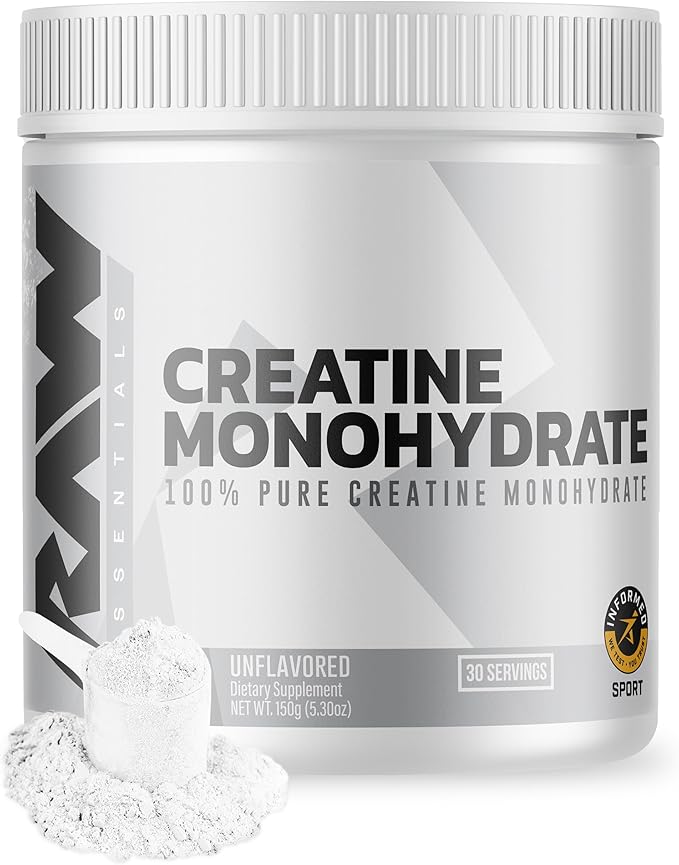 RAW Nutrition Creatine Monohydrate Powder – Unflavored, Micronized, 30 Servings