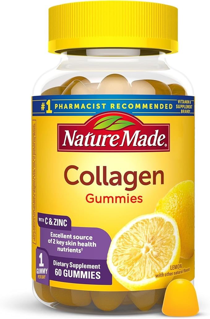 Nature Made Collagen Gummies with Vitamin C, Zinc & Biotin – Hydrolyzed Collagen for Skin, Hair & Nail Support – Gluten-Free – 60 Gummies