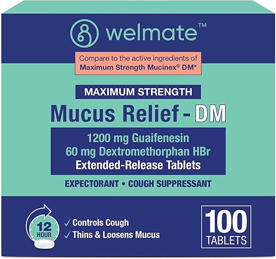 WELMATE Mucus Relief DM, 100 Tablets – 12-Hour Cough Suppressant & Expectorant with Guaifenesin & Dextromethorphan