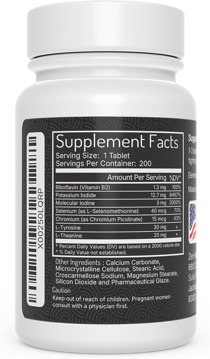 Zen Haus Iodine 12.5mg with Selenium – High Potency Thyroid & Immune Support – 200 Tablets – Compare to Lugol’s