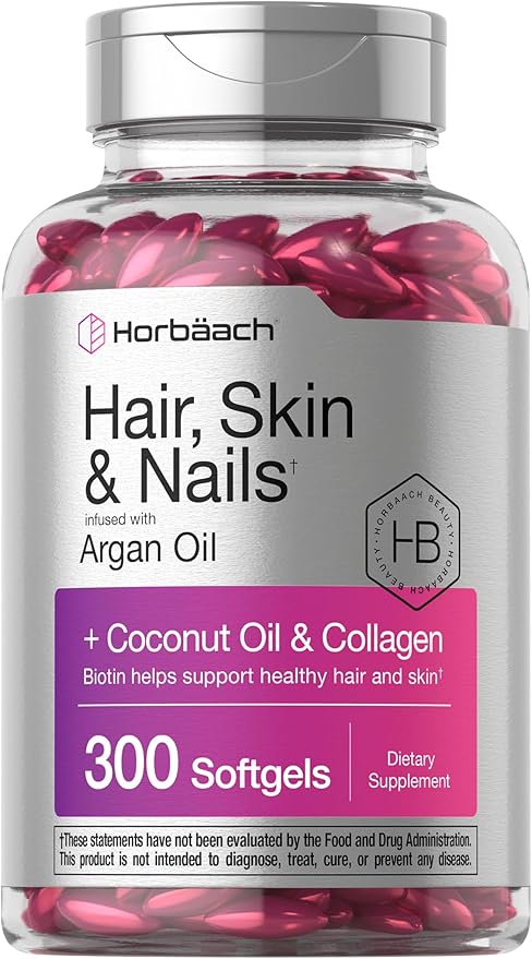 Horbäach Hair, Skin & Nails Vitamins – Biotin, Collagen, Argan Oil & Coconut Oil – 300 Softgels – Non-GMO, Gluten-Free, Clean Beauty Supplement