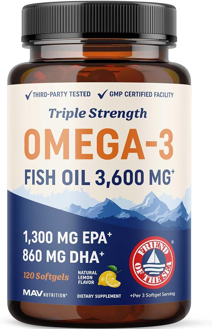 Triple Strength Omega-3 Fish Oil 3600mg – High EPA 1300mg & DHA 860mg – Wild-Caught, Burpless, Ultra-Refined – Non-GMO, Gluten-Free – 120 Softgels