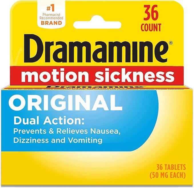 Dramamine Original Motion Sickness Relief Tablets, 36 Count – Fast-Acting Dimenhydrinate 50mg for Nausea, Dizziness, Vomiting, Travel Sickness & Cruise Essentials