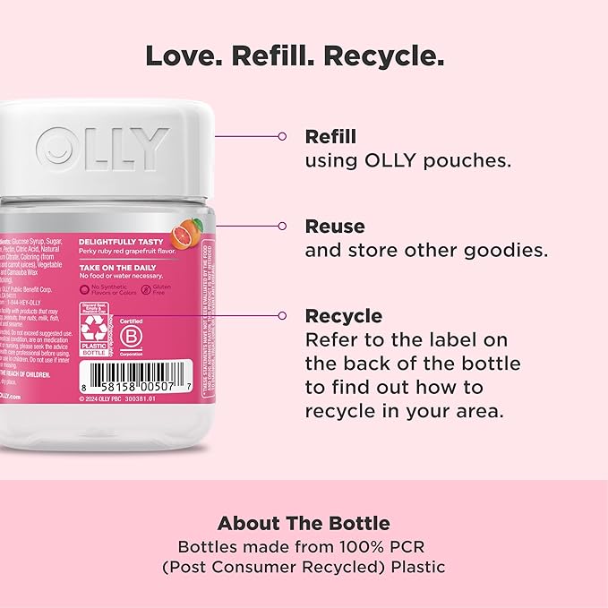 OLLY Undeniable Beauty Gummies – Biotin, Vitamin C & Keratin for Hair, Skin & Nails – Grapefruit Flavor – 60 Gummies – Gluten-Free, No Synthetic Colors