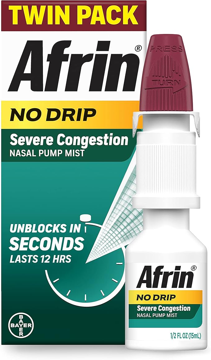 Afrin No Drip Severe Congestion Nasal Mist Spray – 12-Hour Non-Drowsy Decongestant with Menthol, Sinus Pressure Relief, 0.5 fl oz Twin Pack