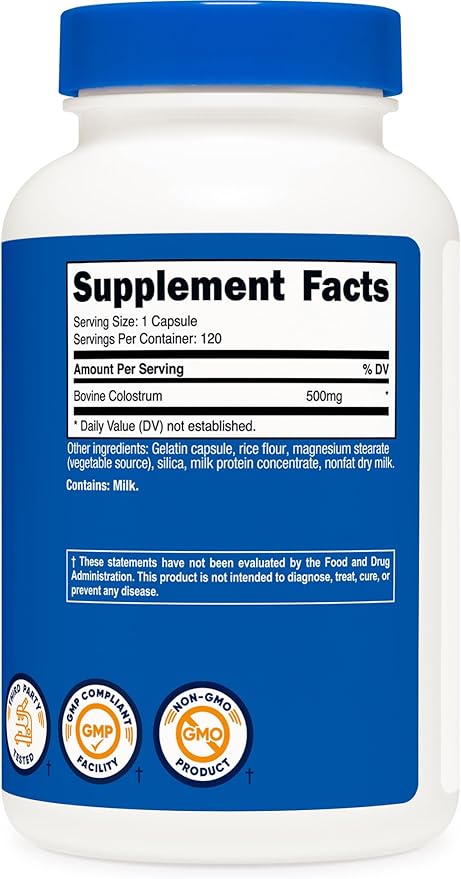 Nutricost Bovine Colostrum 500mg – Immune & Gut Health Support – Non-GMO, Gluten-Free, Third-Party Tested – 120 Capsules