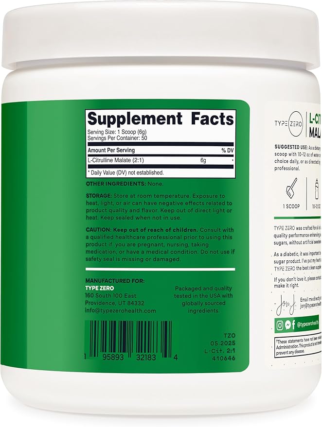 Type Zero L-Citrulline Malate Powder 2:1 6X – 300g, 6000mg Per Serving, Unflavored, Nitric Oxide Booster