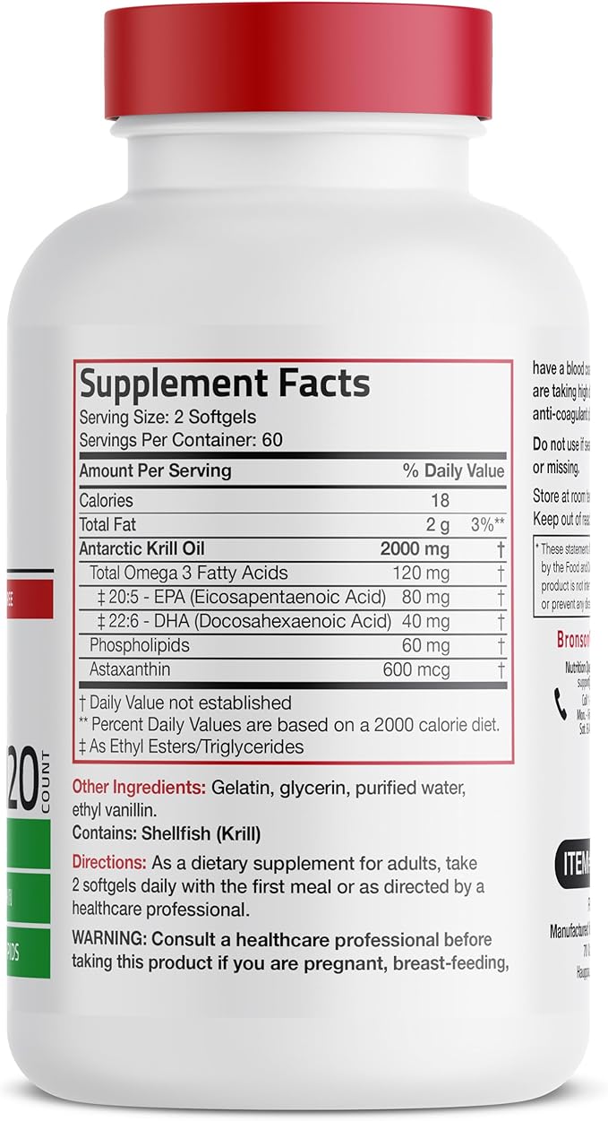 Bronson Antarctic Krill Oil 2000 mg – Omega-3 EPA/DHA, Astaxanthin & Phospholipids – 120 Softgels (60 Servings) – Non-GMO, Gluten & Soy Free