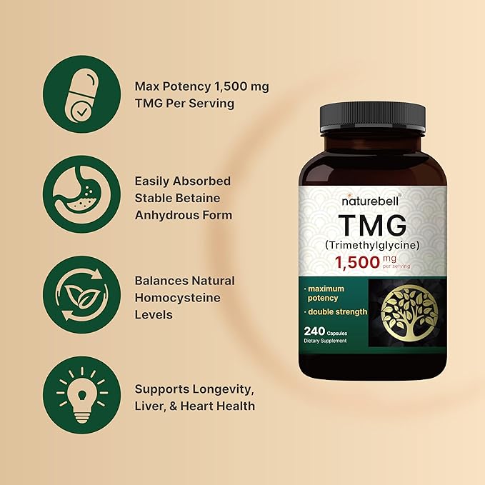 NatureBell TMG Supplements – 1,500mg, 240 Capsules, Max Strength Betaine Anhydrous, Non-GMO, Gluten-Free