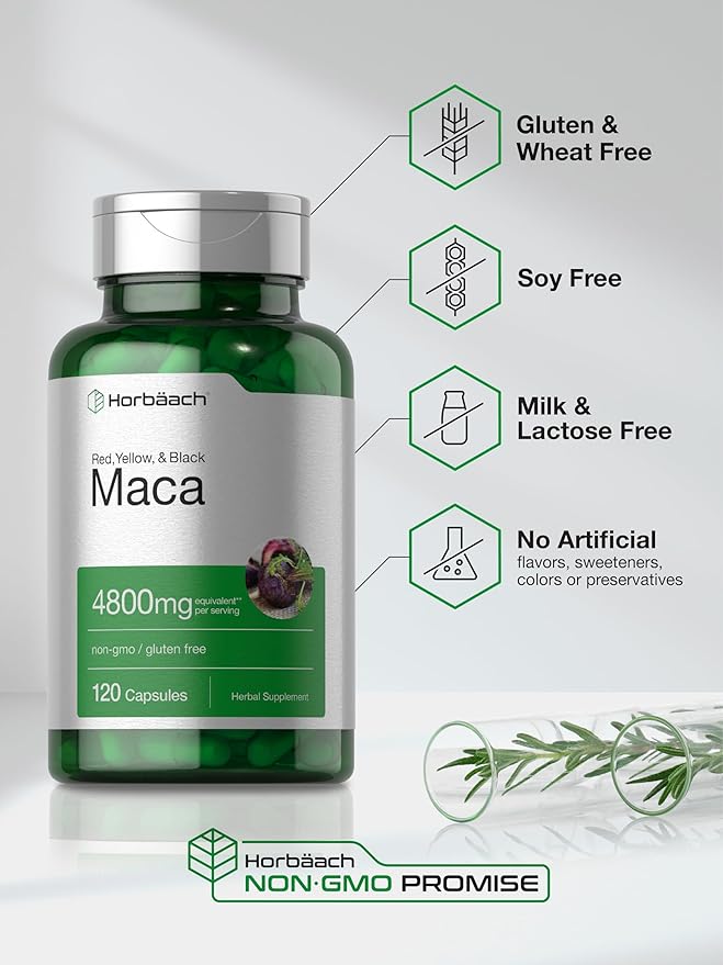 Horbaach Maca Root Capsules 4800mg – High Potency Extract – Energy, Mood & Hormonal Support – Non-GMO, Gluten-Free – 120 Pills for Men & Women