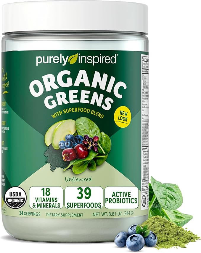 Purely Inspired Organic Greens Powder – Unflavored Superfood Smoothie Mix with Probiotics, Spirulina & Chlorella – Gut & Digestive Health – Vegan, Gluten-Free – 24 Servings