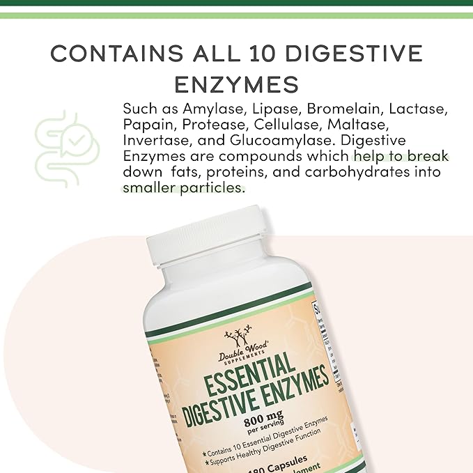 Double Wood Digestive Enzymes 800mg – Full Spectrum 10 Enzyme Blend for Digestive Support, Bloating Relief & Nutrient Breakdown – Non-GMO, Gluten-Free – 90 Capsules